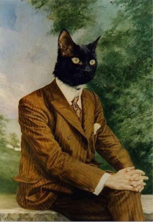 catmam, he is in thought. painting of man with head of cat.